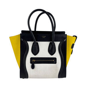 Celine Luggage Shopper Handbag White Black Yellow Leather
